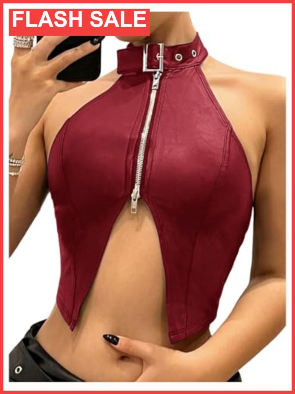 Faux Leather Asymmetrical Halter Top Backless Y2K Clubwear